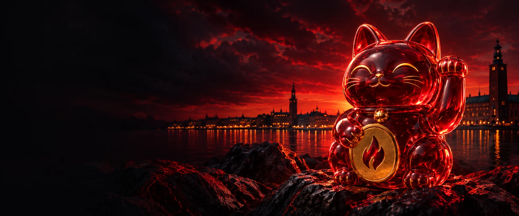 Röd FieryPlay-figur framför Stockholms silhuett